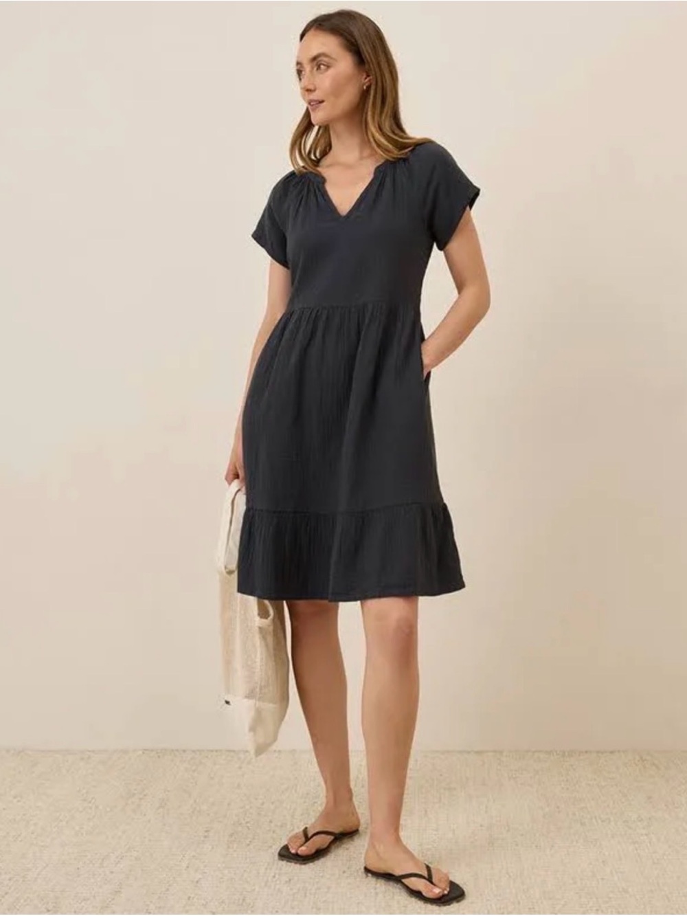 Pact Organic Cotton Women’s Short Sleeve V-Neck Black Tiered Dress